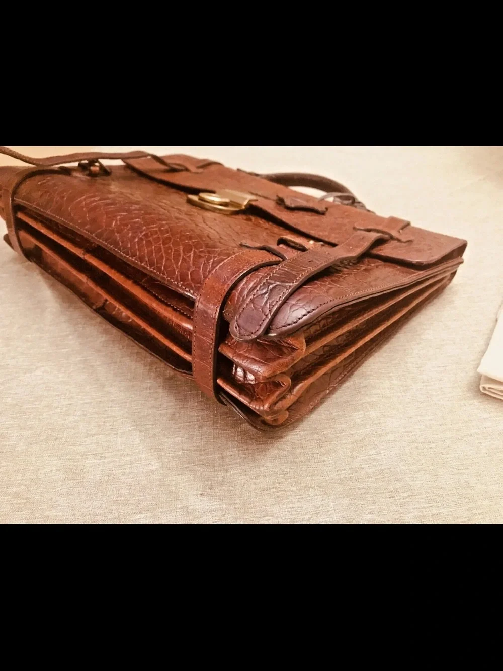 Mulberry Dark Brown Croc-Embossed Leather Briefcase with Gold Hardware